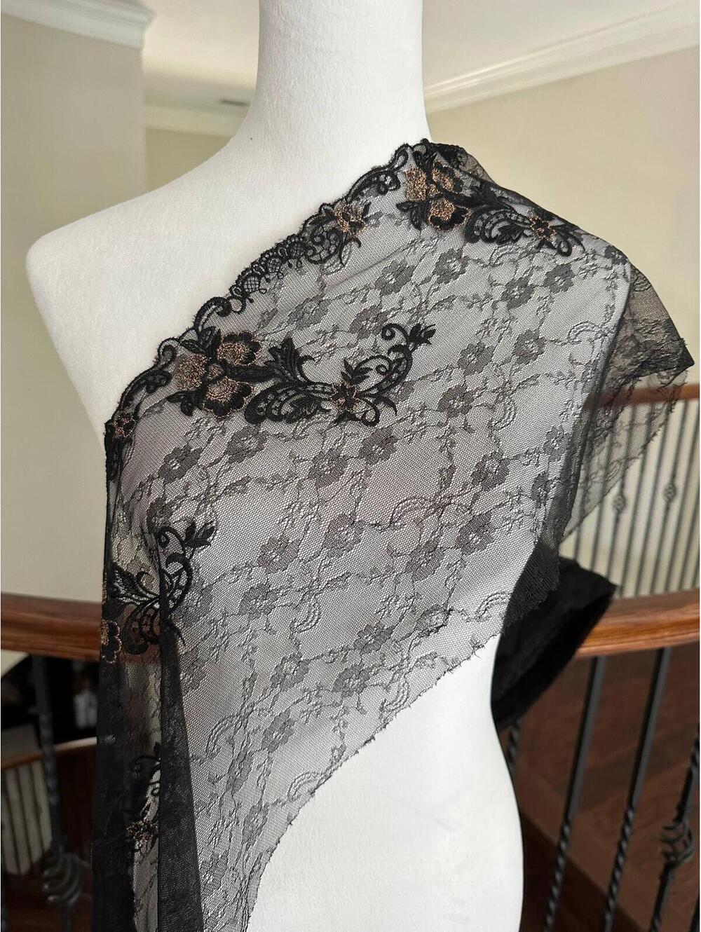 1Yd Non-Stretch 10" Black Floral Chantilly Embroidered Lace Trim, Wholesale